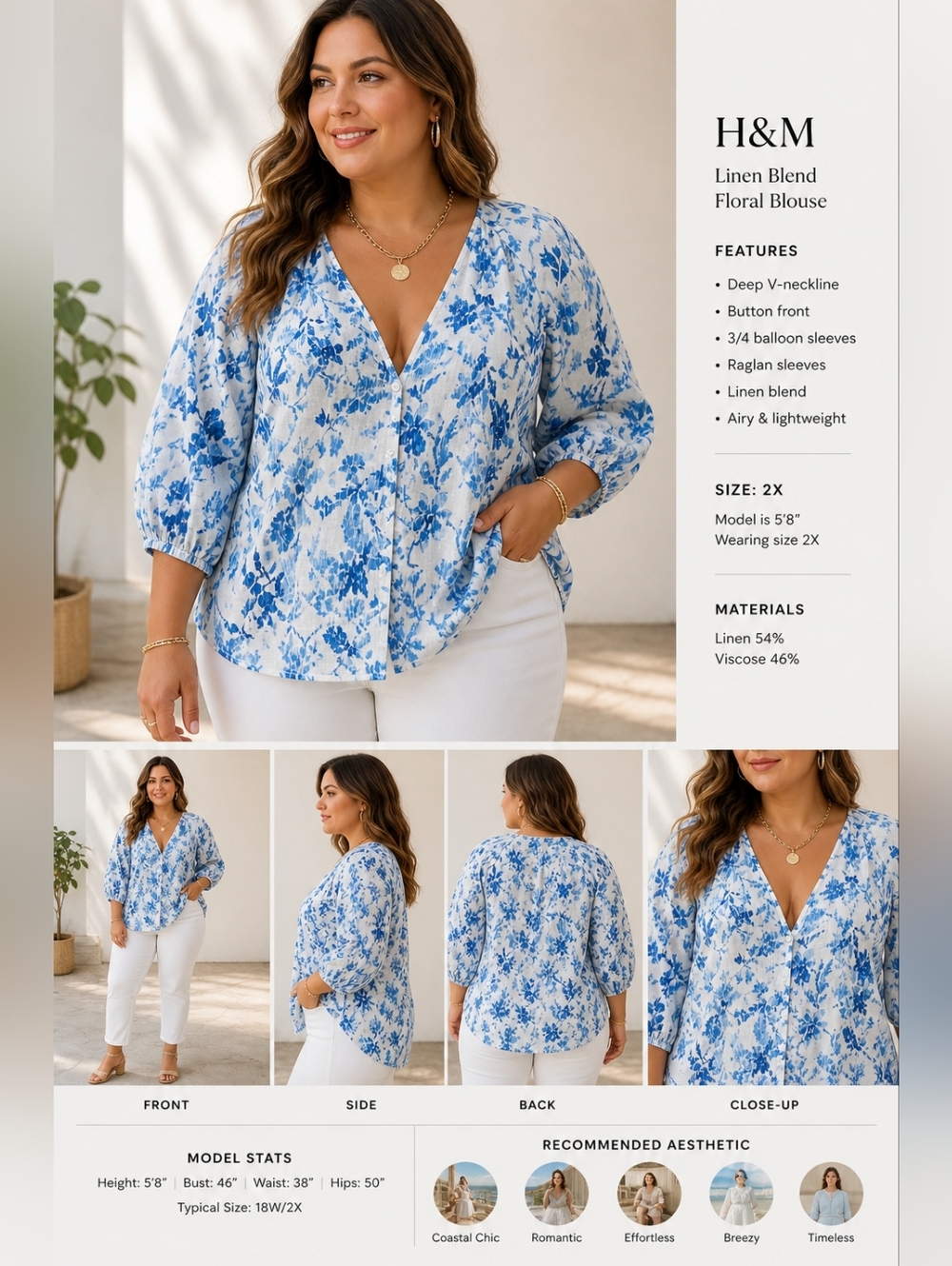 H&M NWT Linen Blend Floral Blouse Blue White V-Neck Button Front Balloon Sleeve